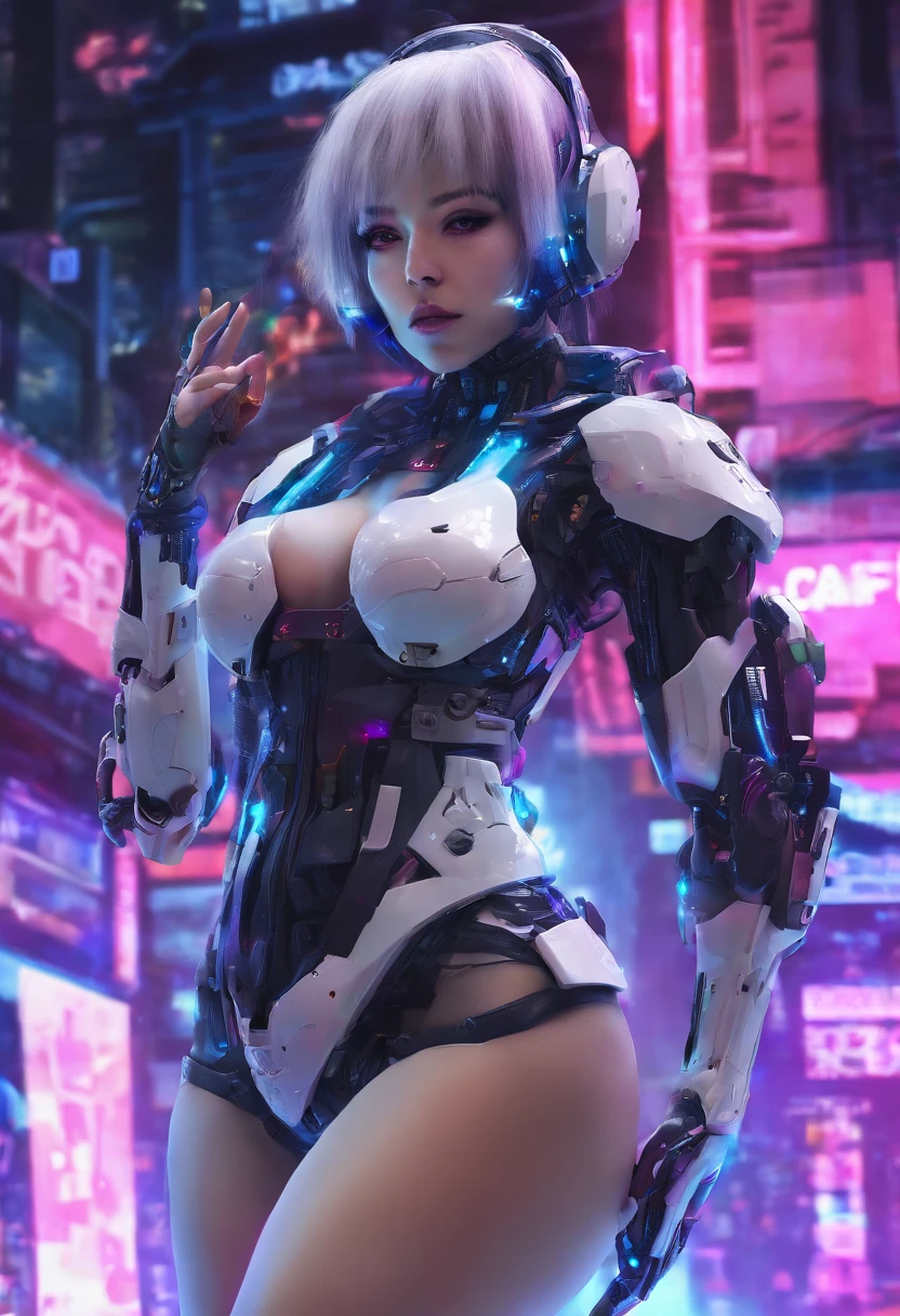 A woman wearing a Gundam mech , long leges，Large bust，Science fiction, Front view, sense of science and technology, C4D, OC renderer, illusory engine, High detail, industrial design, 8K HD, Studio light, Retro，Refined face，Delicate eyes，Bust，largeeyes，big breasts exposed cleavage
