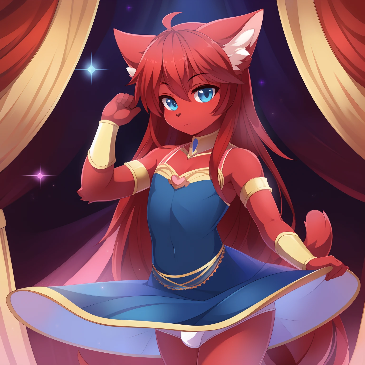 masterpiece, soft shading, 1boy, Furry, furry cat, anthropomorphic, male, red fur, red skin, blue eyes, magical girl theme, long hair, revealing clothes, magical girl outfit, magical girl dress, femboy, sexy pose, uploaded on e621,