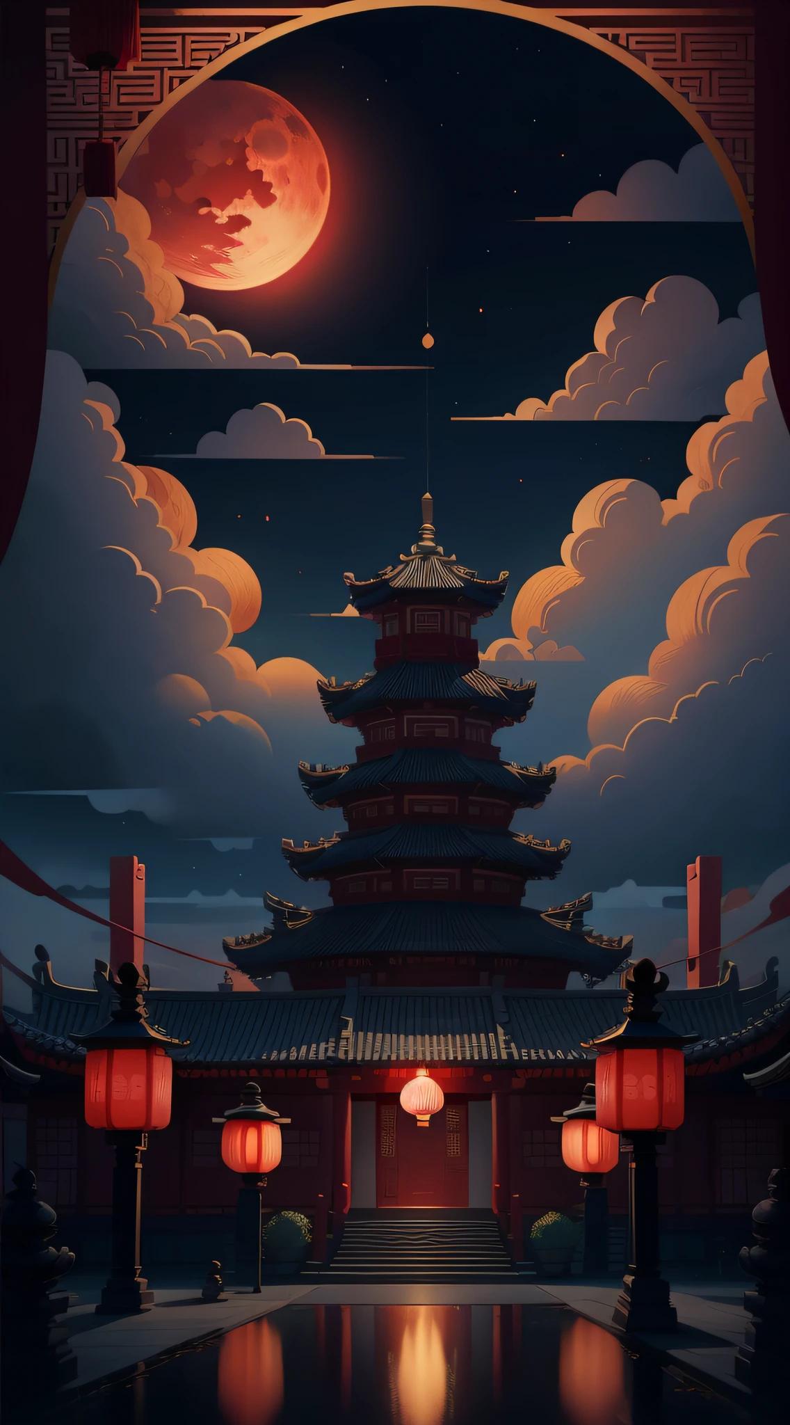 Mid-Autumn Festival，Moon cake， Auspicious clouds, Red lanterns, Exquisite ancient Chinese architecture, In the background is a huge moon, With vector line illustration, amarelo、Red and dark blue tones, Abstract picture, No Man，No Man，No Man，surrealism, Clear background trends, clear contour light, Edge light, fantasy, Dappled light, Flat illustration,Disney style, 8K, --AR 9:16 --q 2 --niji 5