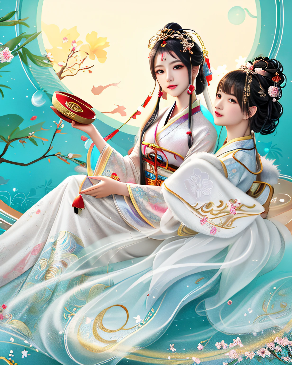 ancient chinese beauti, White Hanfu, A girl in Hanfu,, xianxia fantasy, Beautiful rendering of the Tang Dynasty, Chinese style, Beauty in period costume，Delicate faces，Close your eyes slightly，Hand covered legs，Dressed in Song Dynasty costumes，Wear hairpins on your head，Rings hair，Watery eyes，seduct smile，cat ear，China-style，Song dynasty costumes，The hair is all coiled，Princess of the Song Dynasty，themoon，with a pure white background