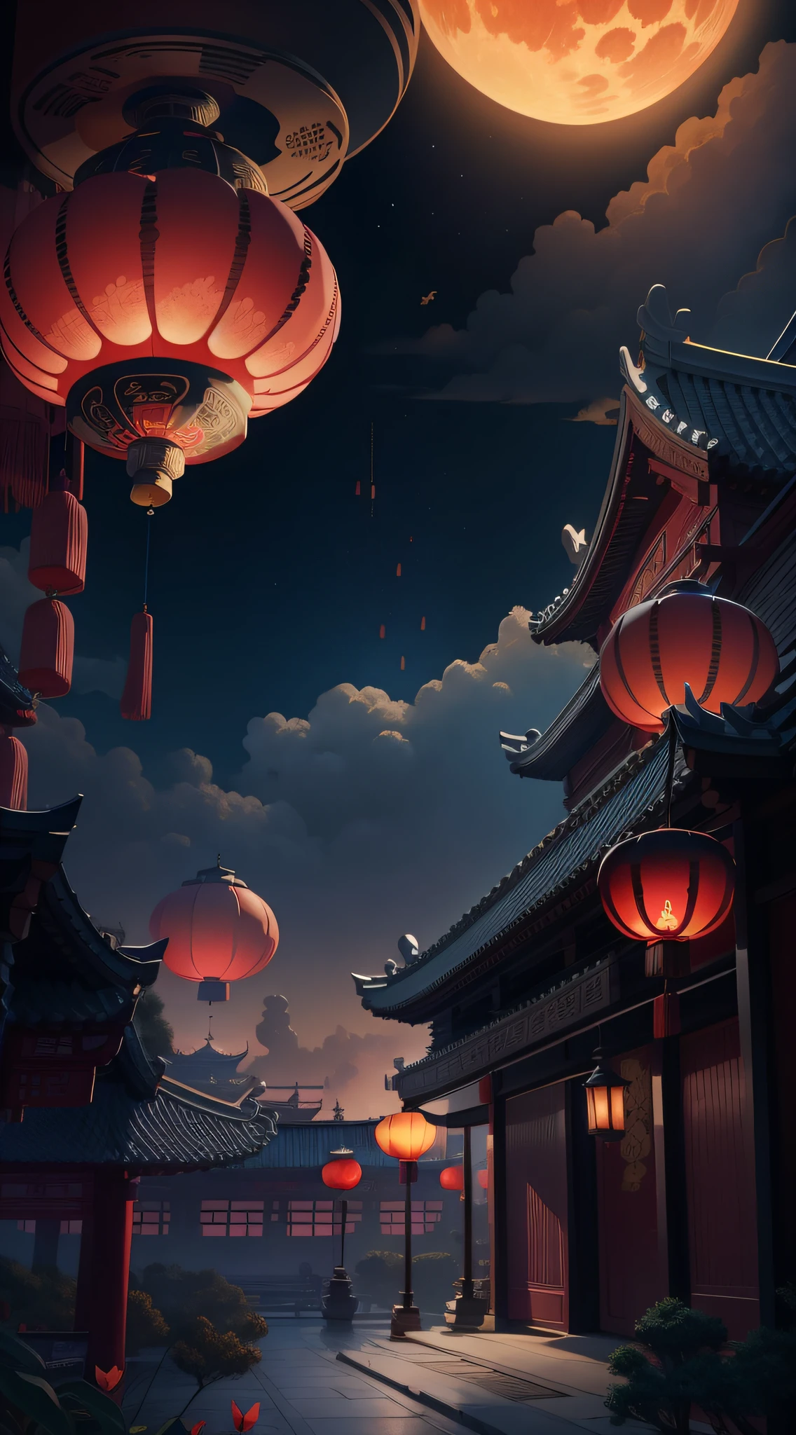 Mid-Autumn Festival,Moon cake, Auspicious clouds, Red lanterns, Exquisite ancient Chinese architecture, In the background is a huge moon, With vector line illustration, amarelo、Red and dark blue tones, Abstract picture, No Man,No Man,No Man,surrealism, Clear background trends, clear contour light, Edge light, fantasy, Dappled light, Flat illustration,Disney style, 8K, --AR 9:16 --q 2 --niji 5