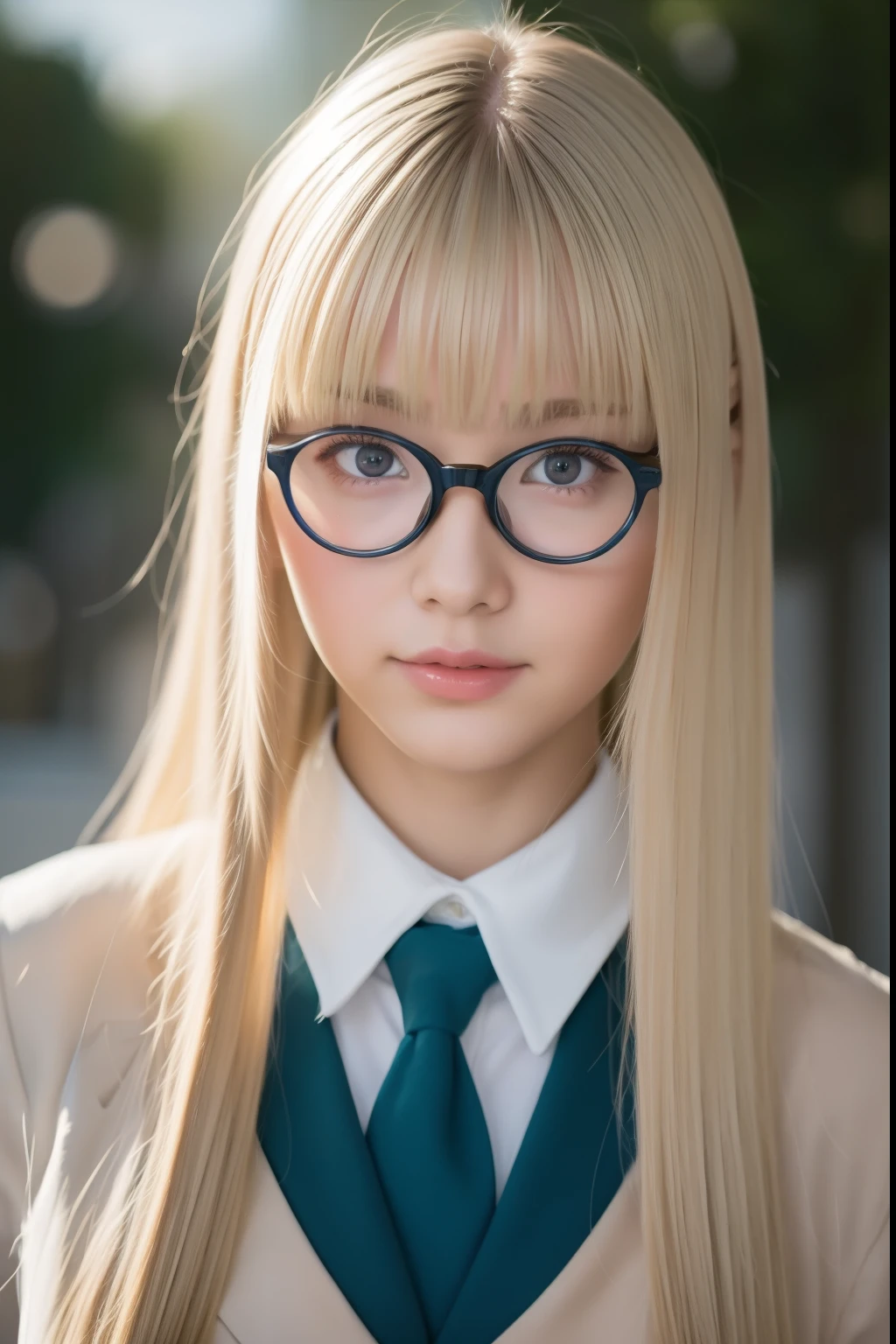 asian woman, japanese school uniform, blonde hair, eyeglasses, blue eyes, high quality