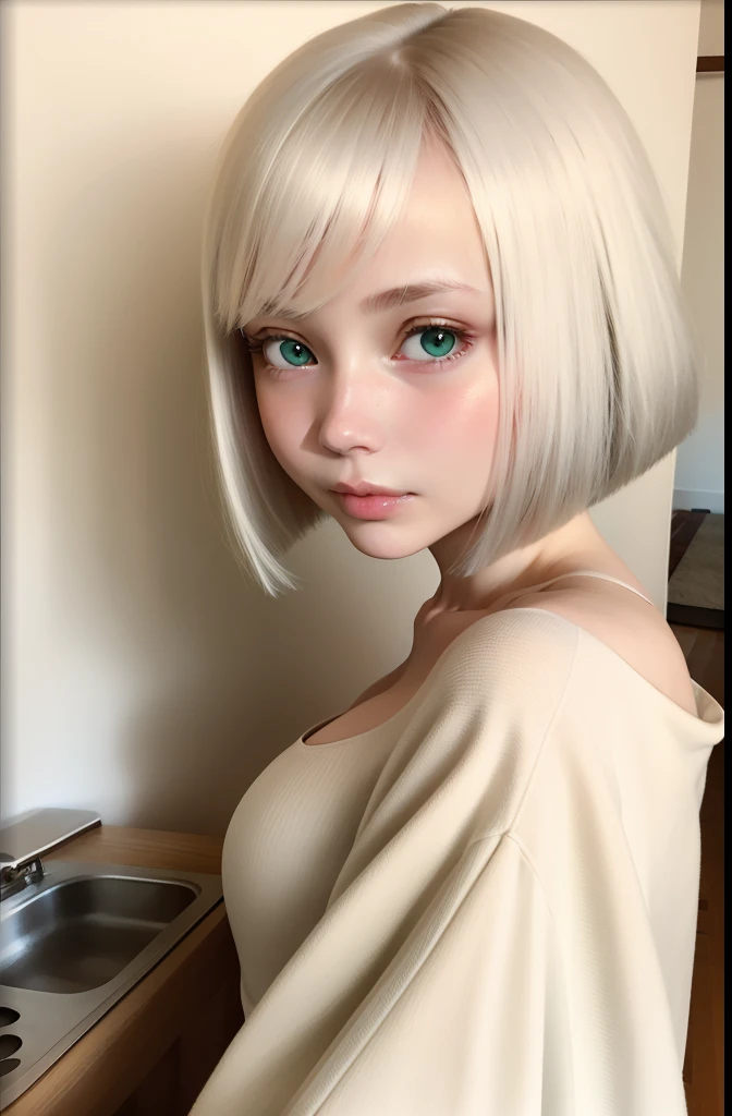 white  shirt、Beautiful silky silver hair short bob、a short bob、Beautiful pale green eyes、Natural look