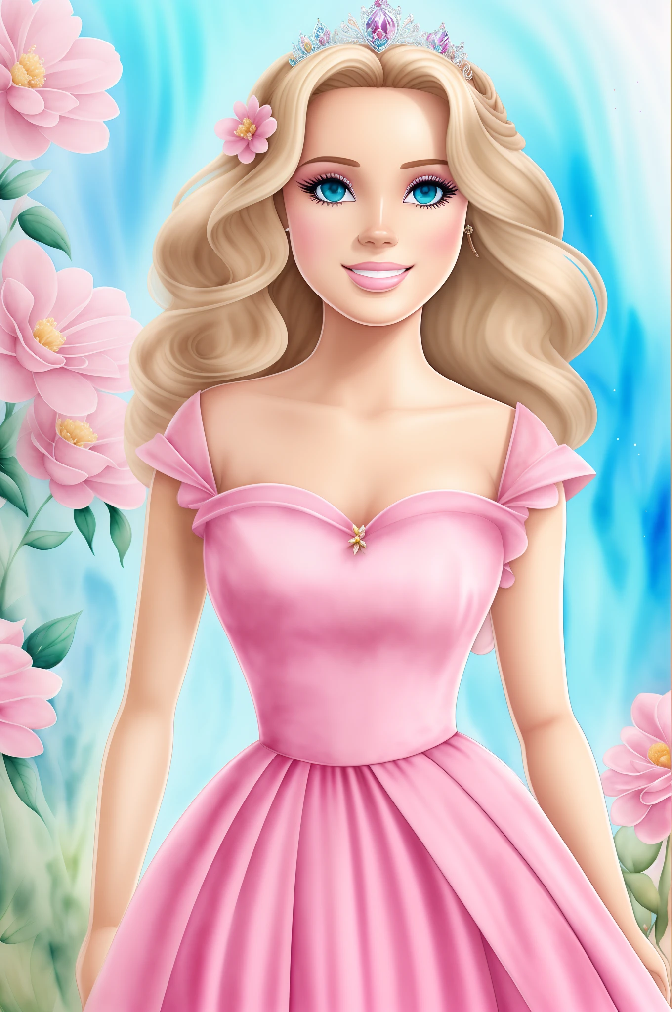 Gerar a imagem de uma princesa fofa, Loiras Barbie, curly hair standing full body, Ansioso, segurando flores em aquarela, sorridente;, vestido vermelho floral, alta qualidade, com um fundo png, 16k, sharped image.