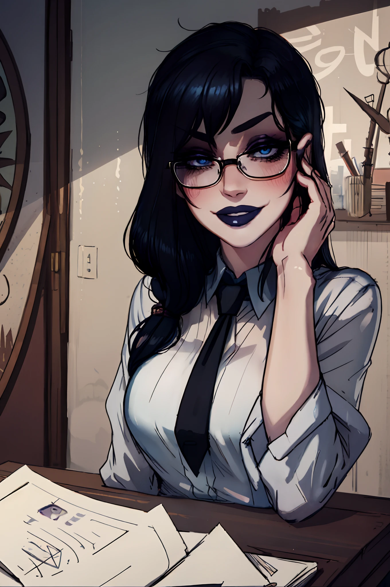 beautiful, (masterpiece:1.2), (best quality:1.2), perfect eyes, perfect face, perfect lighting, 1girl, solo, portrait, cute face, blue and black hair, glasses, blush, pale skin, goth makeup, face portrait, seductive expression, seductive look, smiling, formal shirt with tie