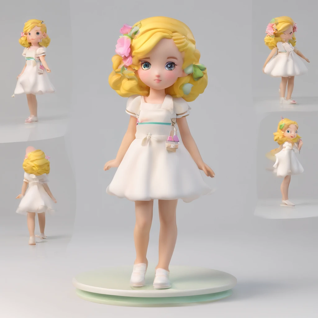 super cute girl IP by pop mart, Bright eyes, cherub,Little white dress, Clay, Models, a blind box toy, Glossy and delicate,Clean background, Good gloss, 3D rendering of,Best quality