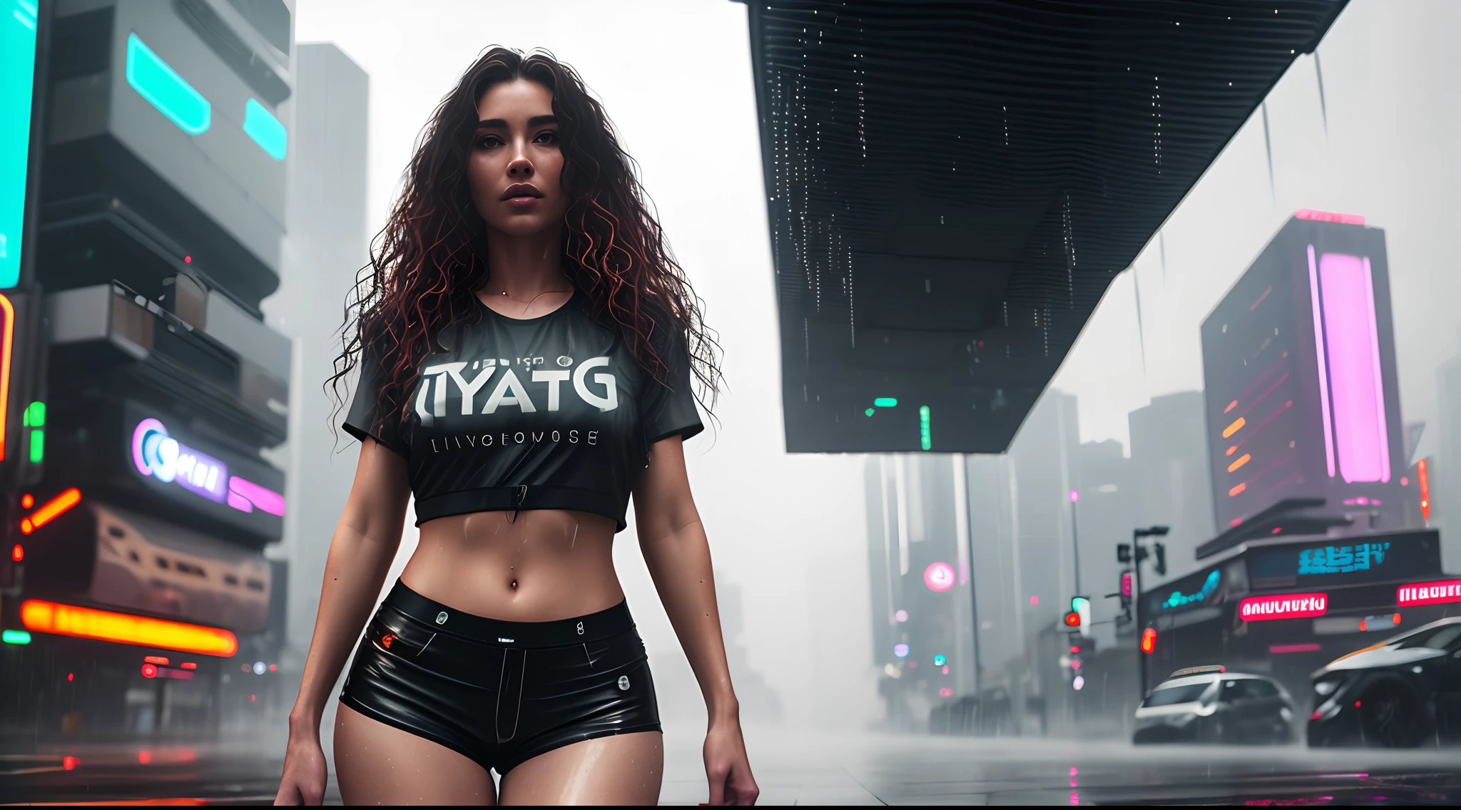 gorgeous woman with wavy hair detailed alluring eyes Thigh gap long sexy legs wearing tiny shorts tshirt in beautiful futuristic cyberpunk+ city, mist, wet, raining, best quality masterpiece, photorealistic, detailed, 8k, HDR, shallow depth of field, broad light, high contrast, backlighting, bloom, light sparkles, chromatic aberration, sharp focus, RAW color photo