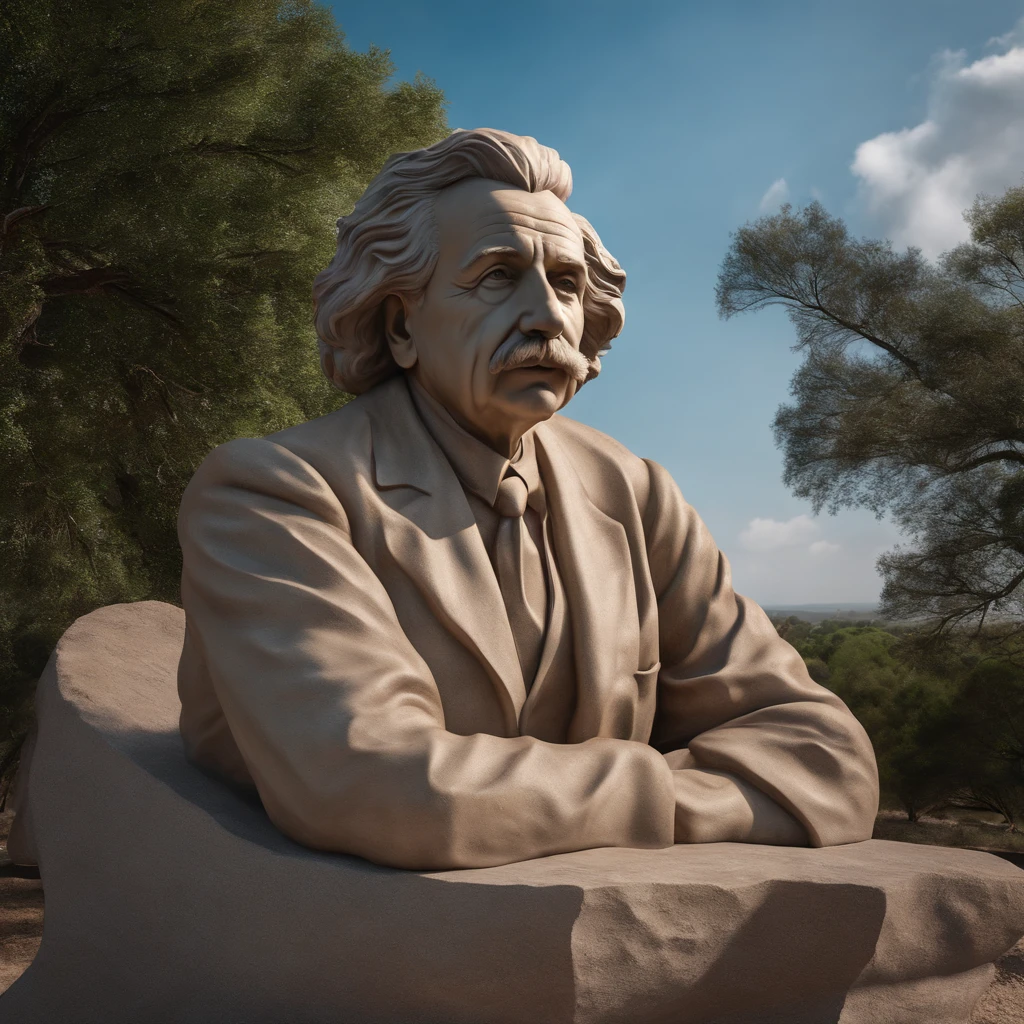 crie uma statua de pedra com cabeca de Albert Einstein pensando sentado, super realista em 8k.