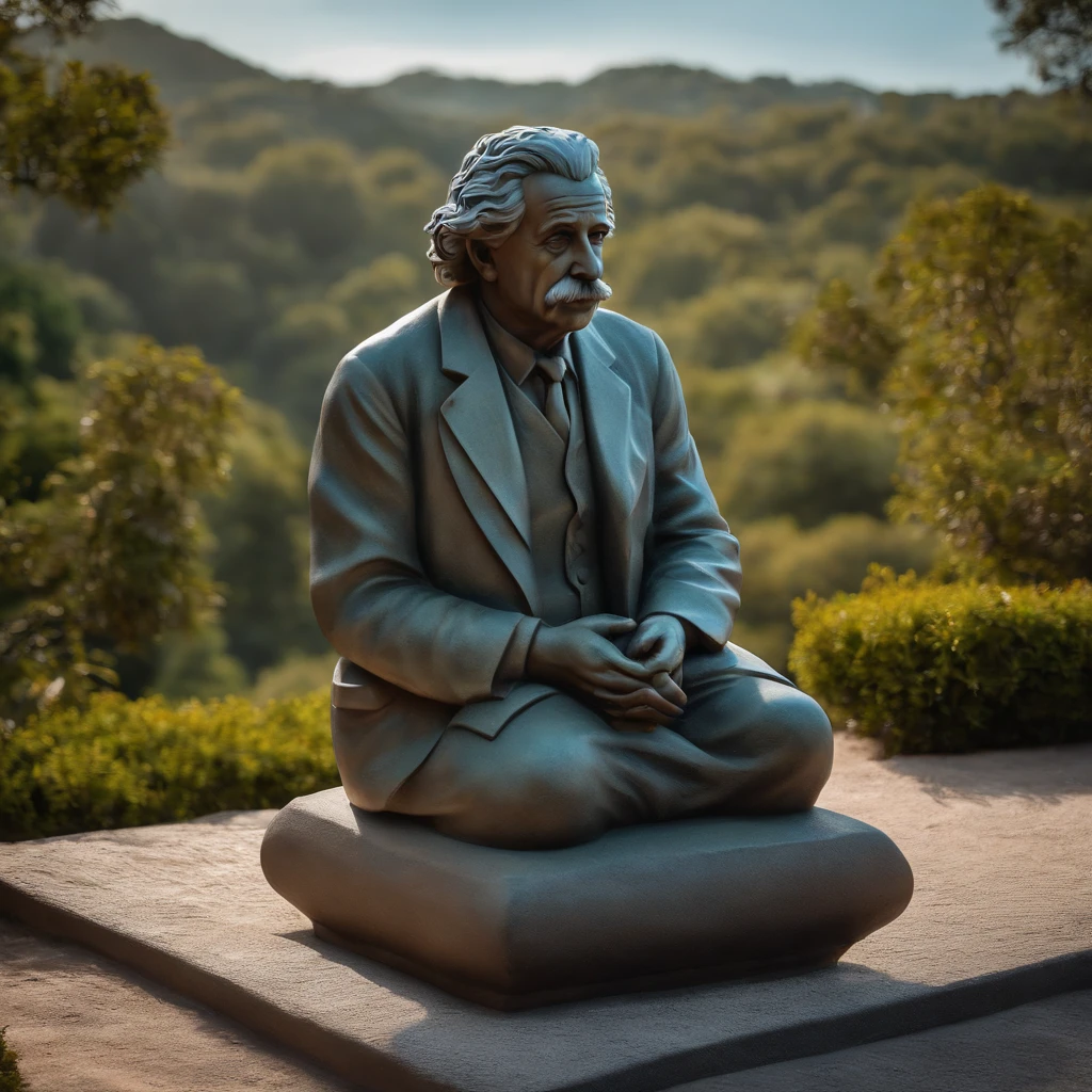 crie uma statua de pedra  com cabeca de Albert Einstein pensando sentado, super realista em 8k.