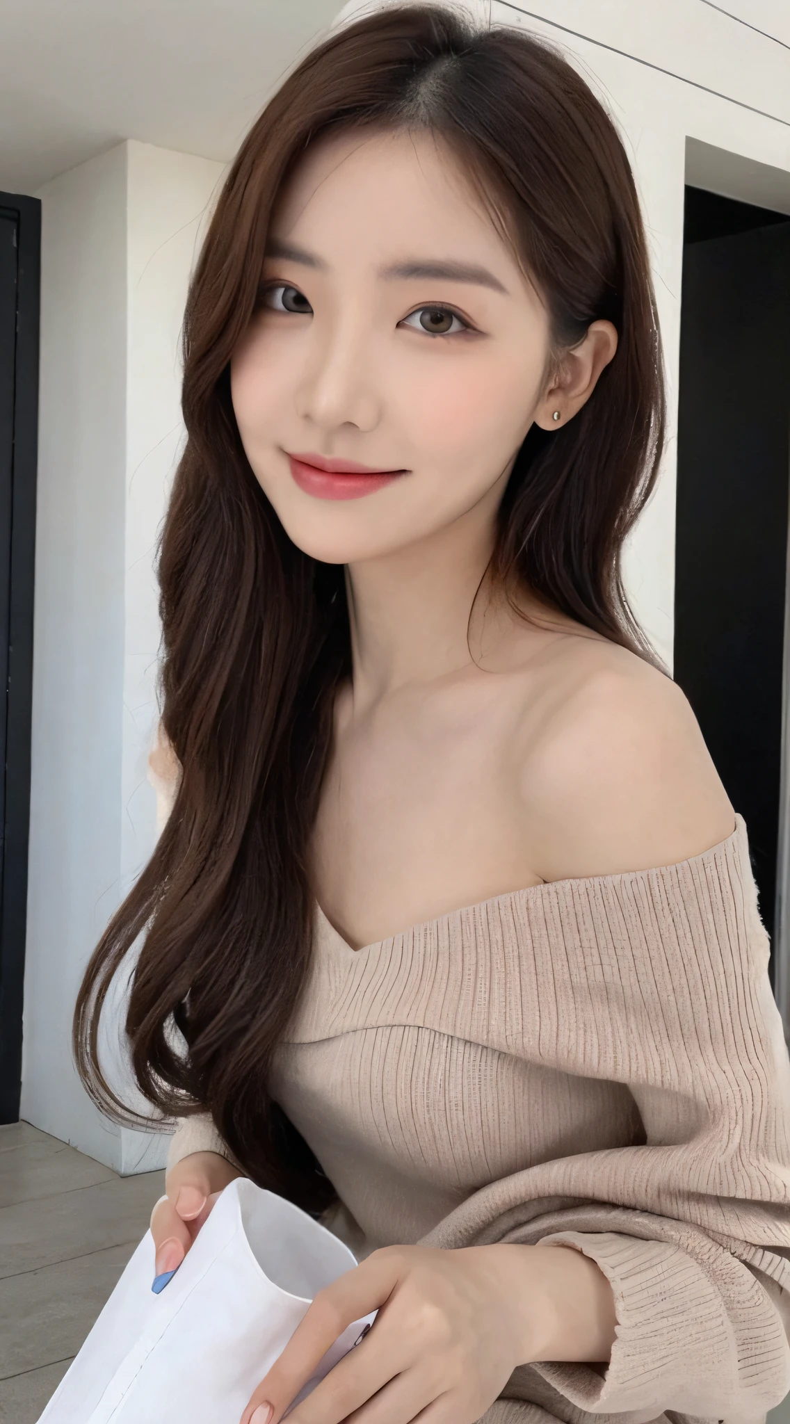 (1 Korean star with royal sister style), ((best quality, 8k, masterpiece: 1.3)), focus: 1.2, perfect body beauty: 1.4, (smile), (Street: 1.3), highly detailed face and skin texture, fine eyes, double eyelids, whitening skin, (big wave hairstyle: 1.3), (round face: 1.5), (rose off-the-shoulder top: 1.4),