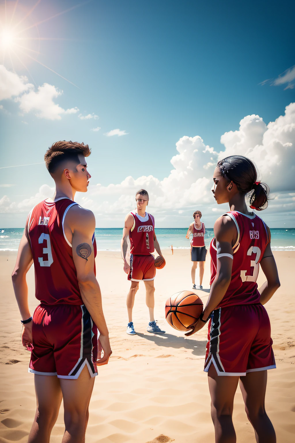 Five people wearing red basketball uniforms young on the beach basketball court with sun, clouds, wind and sunny beach