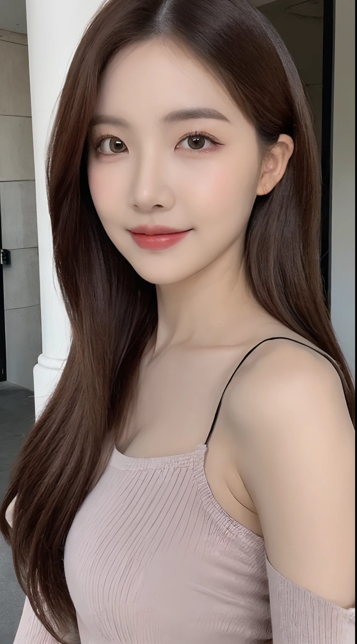 (1 Korean star with royal sister style), ((best quality, 8k, masterpiece: 1.3)), focus: 1.2, perfect body beauty: 1.4, (smile), (Street: 1.3), highly detailed face and skin texture, fine eyes, double eyelids, whitening skin, (big wave hairstyle: 1.3), (round face: 1.5), (rose off-the-shoulder top: 1.4),