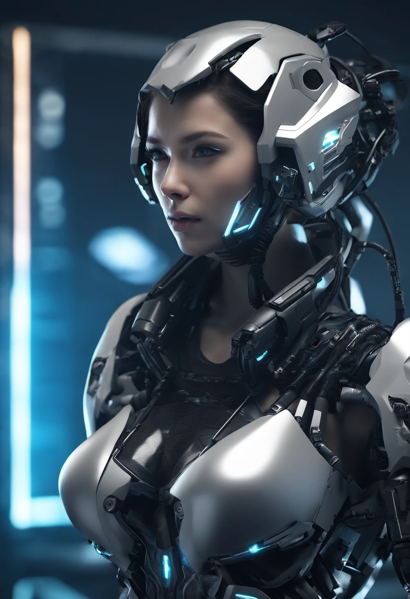 A woman wearing a Gundam mech , long leges，Large bust，Science fiction, Front view, sense of science and technology, C4D, OC renderer, illusory engine, High detail, industrial design, 8K HD, Studio light, Retro，Refined face，Delicate eyes，Bust，largeeyes，big breasts exposed cleavage