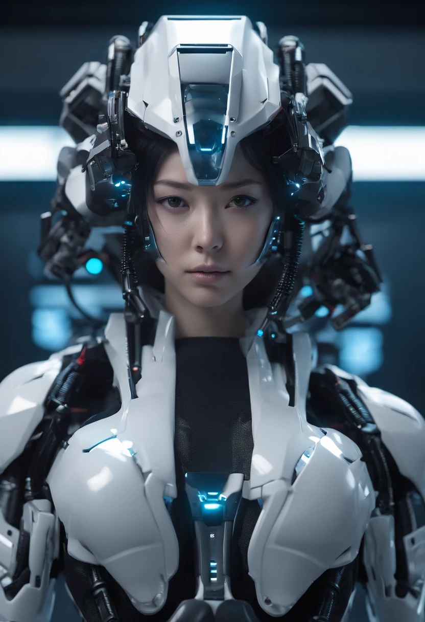 A woman wearing a Gundam mech , long leges,Large bust,Science fiction, Front view, sense of science and technology, C4D, OC renderer, illusory engine, High detail, industrial design, 8K HD, Studio light, Retro,Refined face,Delicate eyes,Bust,largeeyes,big breasts exposed cleavage