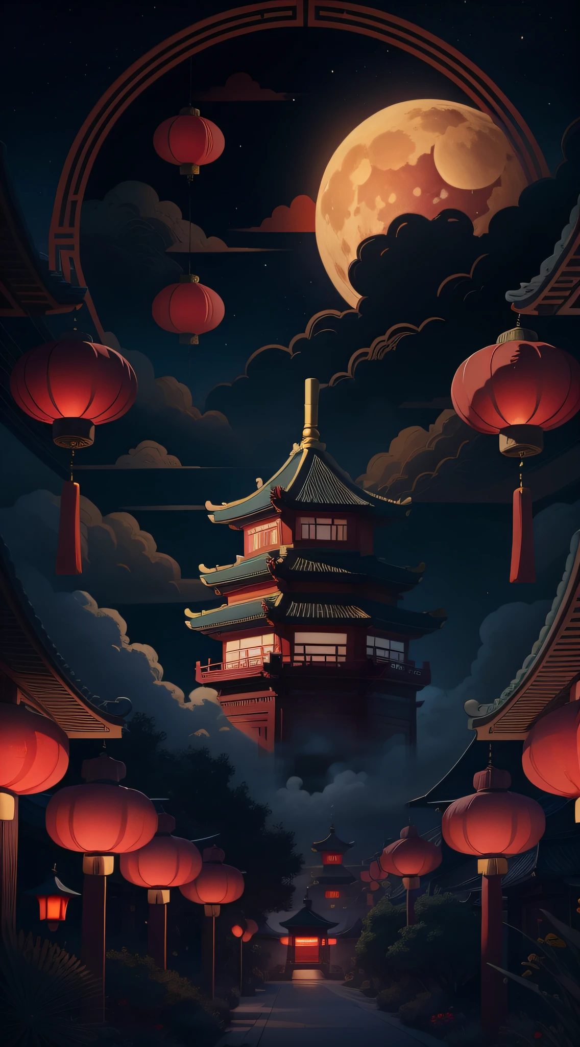 Mid-Autumn Festival，Moon cake， Auspicious clouds, Red lanterns, Exquisite ancient Chinese architecture, In the background is a huge moon, With vector line illustration, amarelo、Red and dark blue tones, Abstract picture, No Man，No Man，No Man，surrealism, Clear background trends, clear contour light, Edge light, fantasy, Dappled light, Flat illustration,Disney style, 8K, --AR 9:16 --q 2 --niji 5