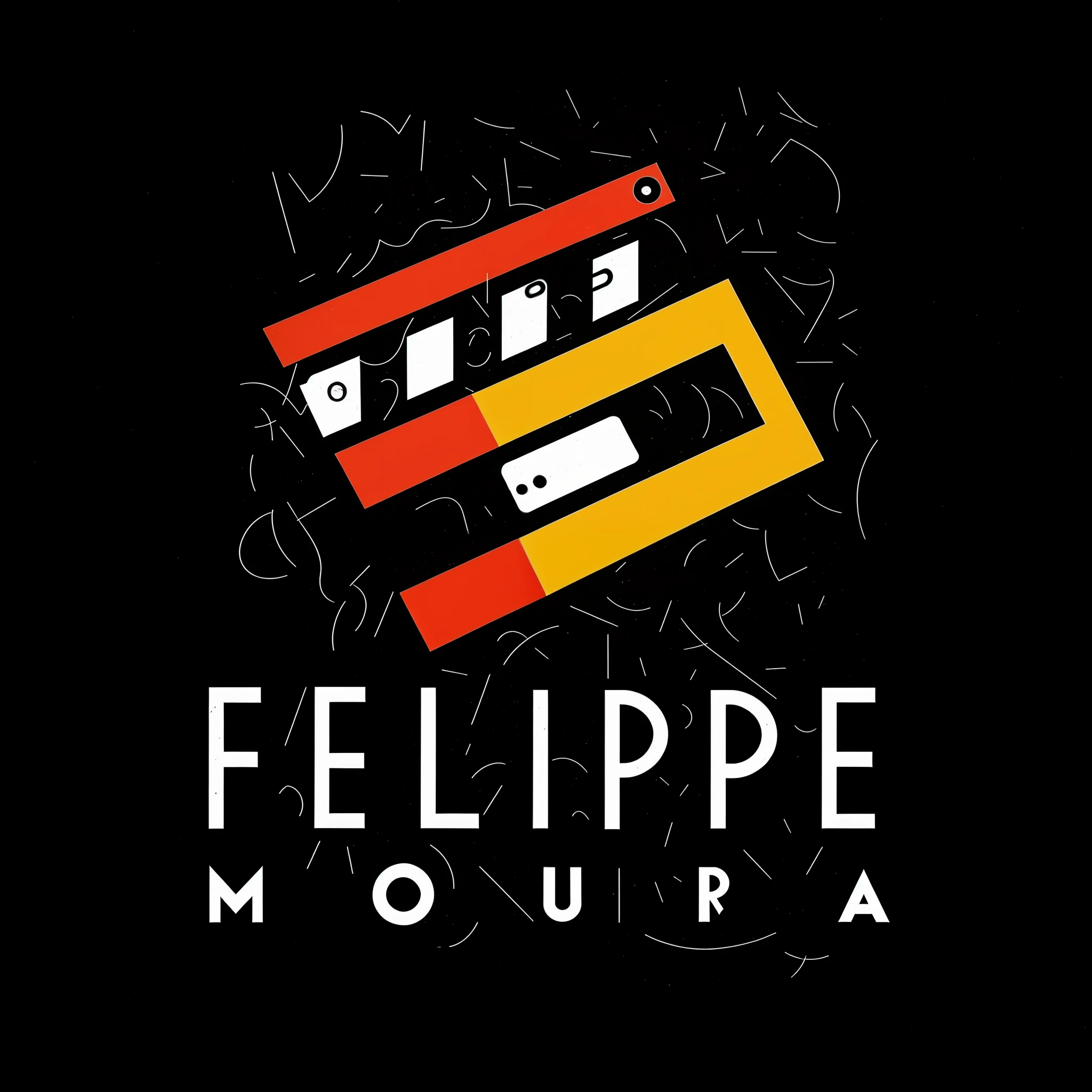 Logotype with written word: "Felipe Moura", imagens de equipamentos de fotografia, Photographer's logo, Logotype for photography, thunders, Logo, vetor, imagens de setas, images from cameras, imagens de clapperboard, The lighting, tipografia, arte conceitual, produto , illustration, com adesivos de fotografia ao fundo, illustration"