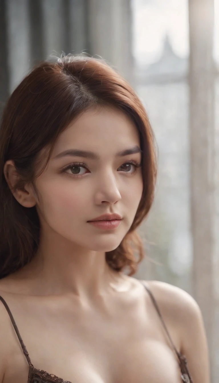 a beauty girl、brunette color hair、midiam、tits out、naked