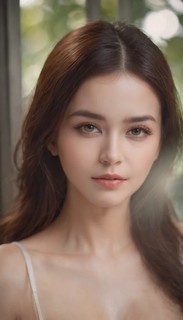 a beauty girl、brunette color hair、midiam、tits out、naked