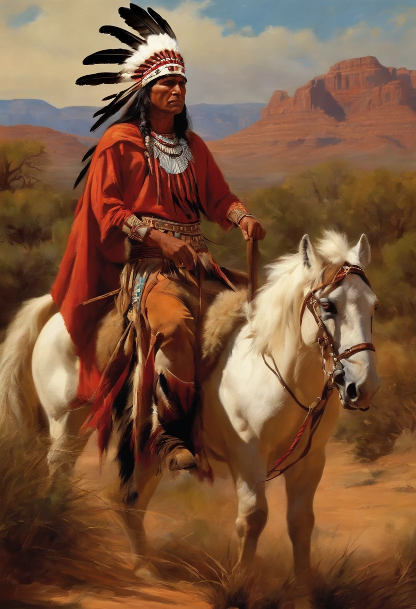 Painting of a man on a horse with a Native American headdress, : Native American Shamen Fantasy, Native American Art, native american, Native art, Native American Warriors, Native American Warriors, Indian warrior, horse warrior, Inspired by George Catrin, Native American Folk Art, Spirit Warrior, Inspired by Carl Bodmer, goddess of the hunt and the moon, Indigenous masterpieces、top-quality、ultra-detailliert、（prismatic effects）Take advantage of、Native Americans and Mount Olga on the Earth,
（Ayers Rock）A miraculous scenery called,
This landscape is lined with cacti.、Expressing a composition of withered land spreading、
Highlight the connection between the Native American spirit and magnificent nature。Moreover、((Feathered Native Americans and eagles are generated in this landscape))、