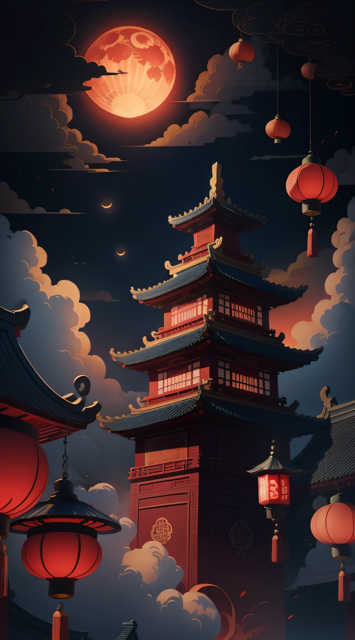 Mid-Autumn Festival，Moon cake， Auspicious clouds, Red lanterns, Exquisite ancient Chinese architecture, In the background is a huge moon, With vector line illustration, amarelo、Red and dark blue tones, Abstract picture, No Man，No Man，No Man，surrealism, Clear background trends, clear contour light, Edge light, fantasy, Dappled light, Flat illustration,Disney style, 8K, --AR 9:16 --q 2 --niji 5