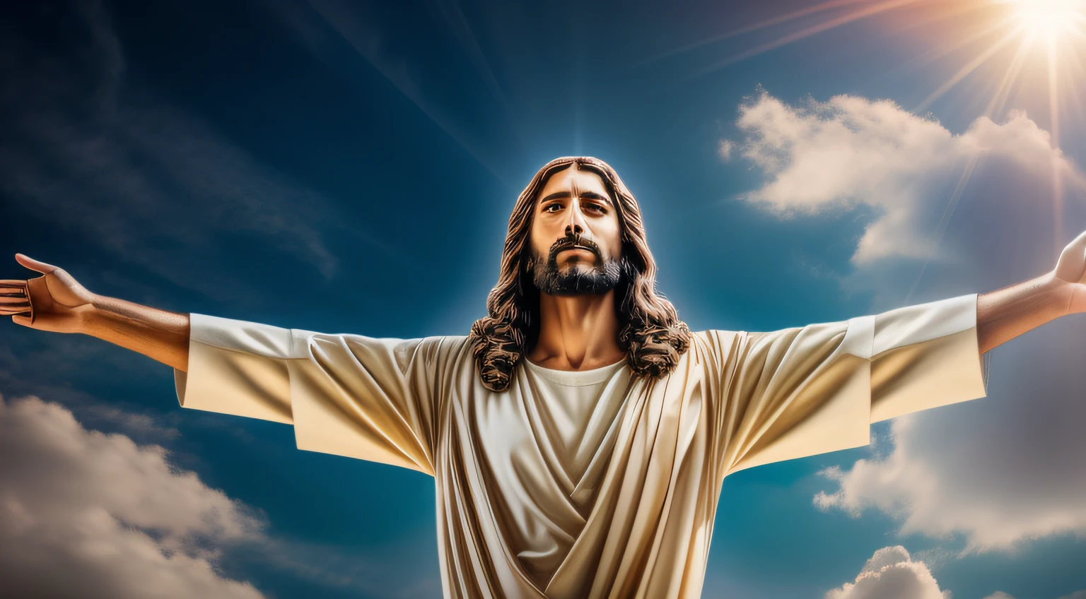 Jesus Christ to heaven with open arms, Retrato fotorrealista, 8k. Background Story: nuvens, melhor qualidade, master part, super detalhe, Bible, Bible stories