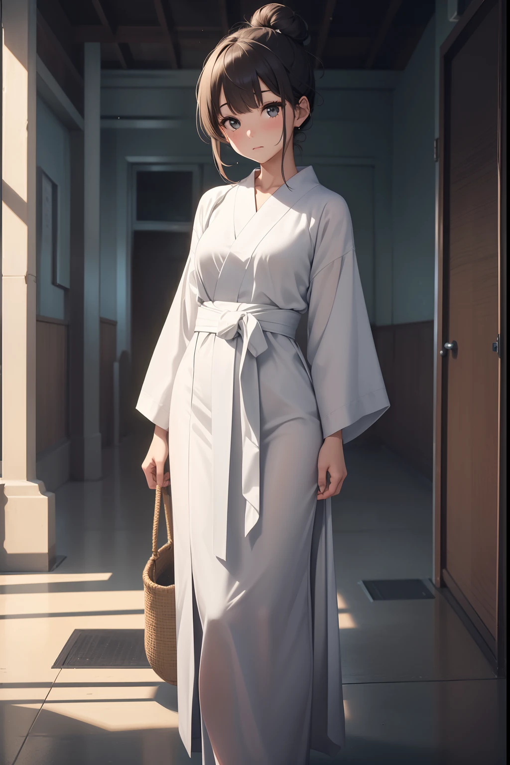 ((Masterpiece,Best quality, high resolution)), 1girll, Solo, The light is gentle，1 girl in a gray yukata，white sash，burlap，Female prisoners，With a petite figure，brunette color hair，hair-bun，Stand in a gloomy prison，stand posture，Full body like，Painful expression，is shy，Clothing covers the whole body，folds，solid color backdrop，Get wet，semi transparent