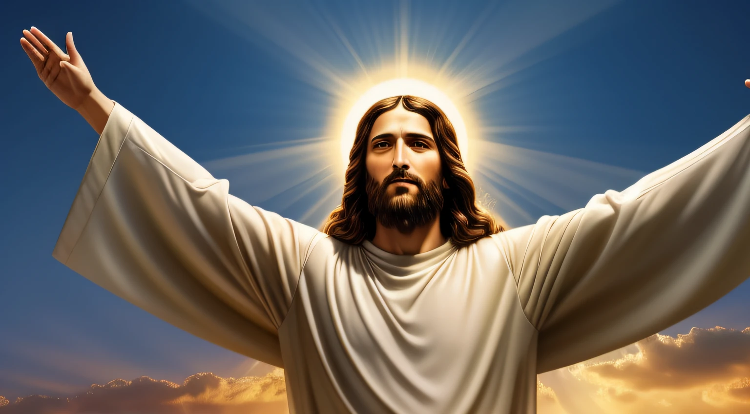 Jesus Christ to heaven with open arms, Retrato fotorrealista, Definition of 8k. Background Story: nuvens, melhor qualidade, master part, super detalhe, Bible, Bible stories