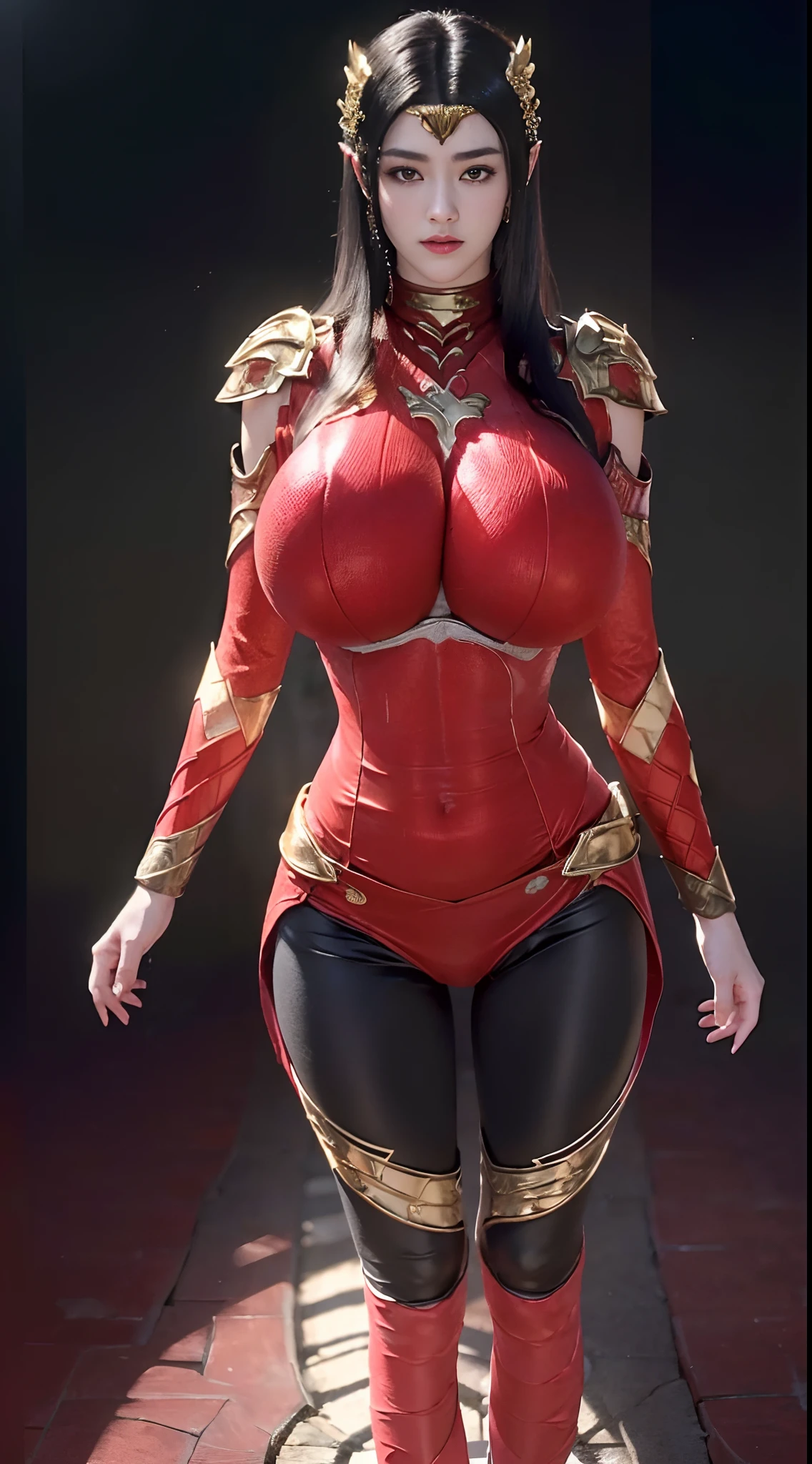 Solo, 1 Beautiful Female, Wuxia World, head ornament, (1 Girl), (full figure:1.5), (Full red golden Armor:1.4), (skintight leggings:1.5), (standing:1.3), (huge fake breasts, round breasts:1.5), (muscle abs:1.2), (black hair:1.5), (big buttock:1.1), (shiny skin:1.1), Chinese Immortal Wuxia, Lips, (jealous), Intellectual, Delicate Face, Masterpiece, Best Quality, High Quality, High Definition, High Quality Texture, High Quality Shadows, High Detail, Cinematic Light, Side Lighting, Ray Tracing, Sharp Focus, Realistic, Edge Light, (Detailed Skin Details: 1.2), 8k uhd, SLR, (soft light, high quality, high resolution:1.7), (very detailed CG unity 8k wallpaper)