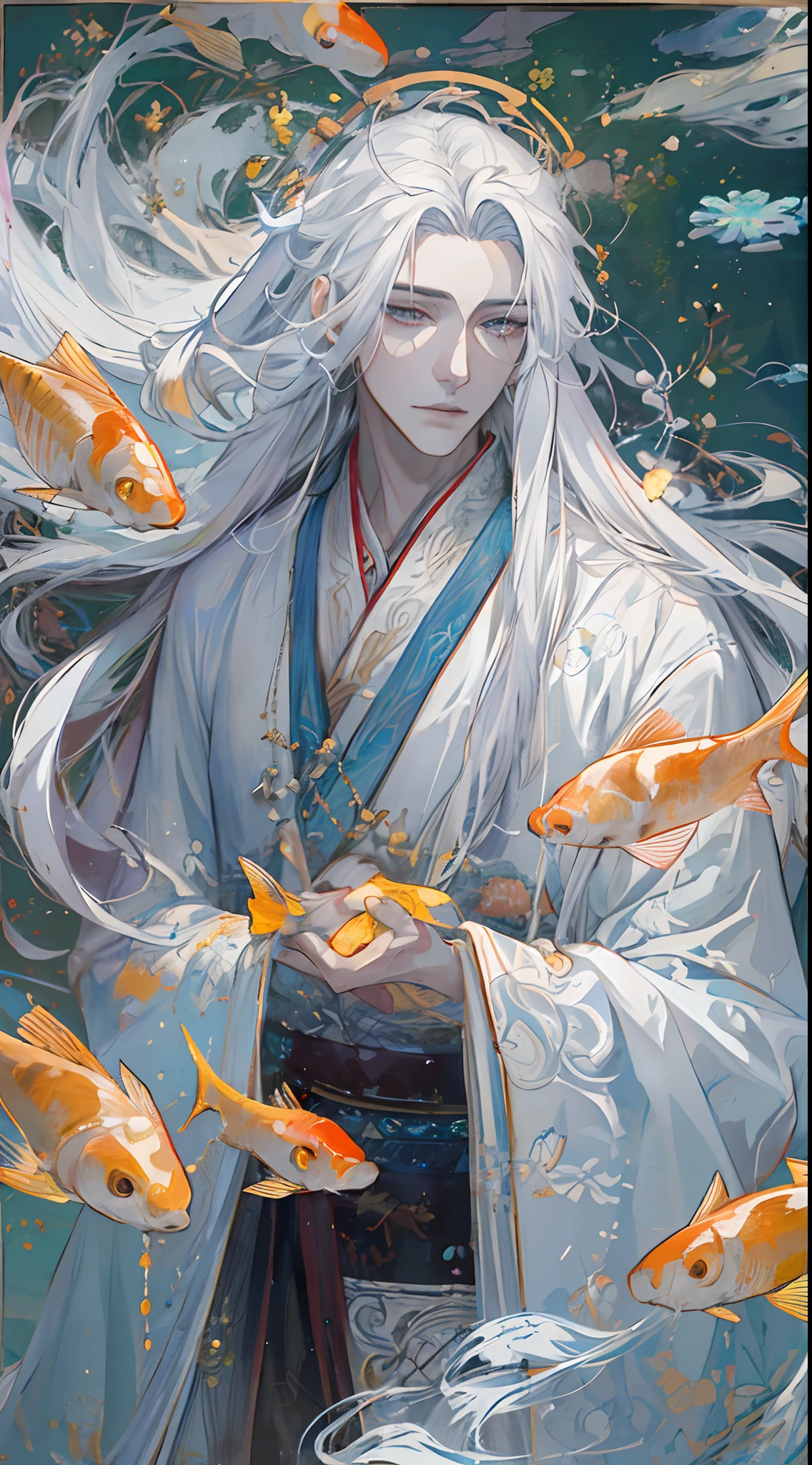 A pixiv competition winner, mature boy, tall muscular, fantasy art, white-haired god, beautiful character painting, guvez style artwork, dazzling gaze of Yuki Onna, guweiz, long white hair, flowing hair and robes, delicated eyes, illustrations, fine lines, deep color, golden fish swimming around him