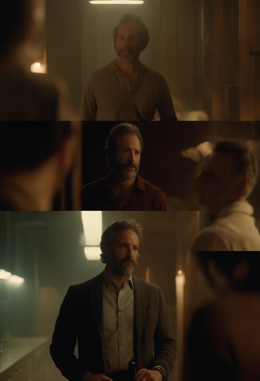 Homem com barba e camisa xadrez em frente a uma janela, noite, Metatron, olhar desleixado, Screenshot of a cinematographic, In a cinematographe by Denis Villeneuve, uma foto de um homem desgrenhado, Denis Villeneuve cinematographs, # Film, homem maltrapilho, Still frame of a cinematographe, Estilo de Denis Villeneuve, cena noturna