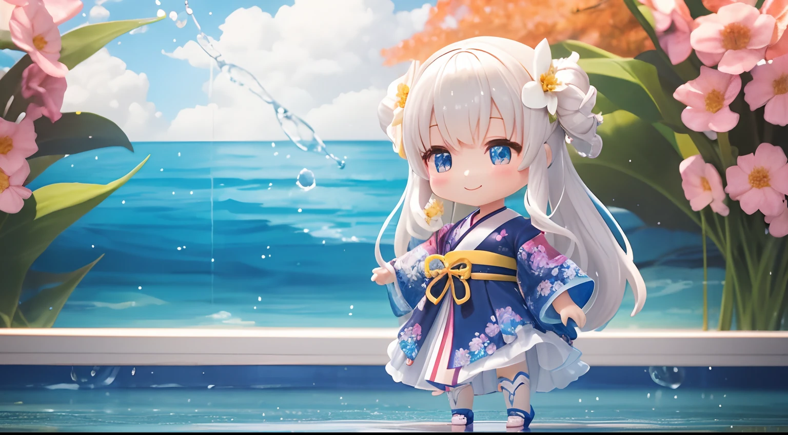 photoRealstic、Doll standing in front of the painting（nendroid）、A smile、Water droplets on the cheeks、Put your hand to your mouth and smile、Sengai、pixiv、rokoko、dollfie dream、watercolor Nendoroid、(High Definition Figure)、Flowing iridescent silk、up of face、Eye Up、Komono、Kimono pattern swimsuit、There are also flowers in front of the nendroids、flower petals、water dripping、season!!: 夏天☀ 🍂