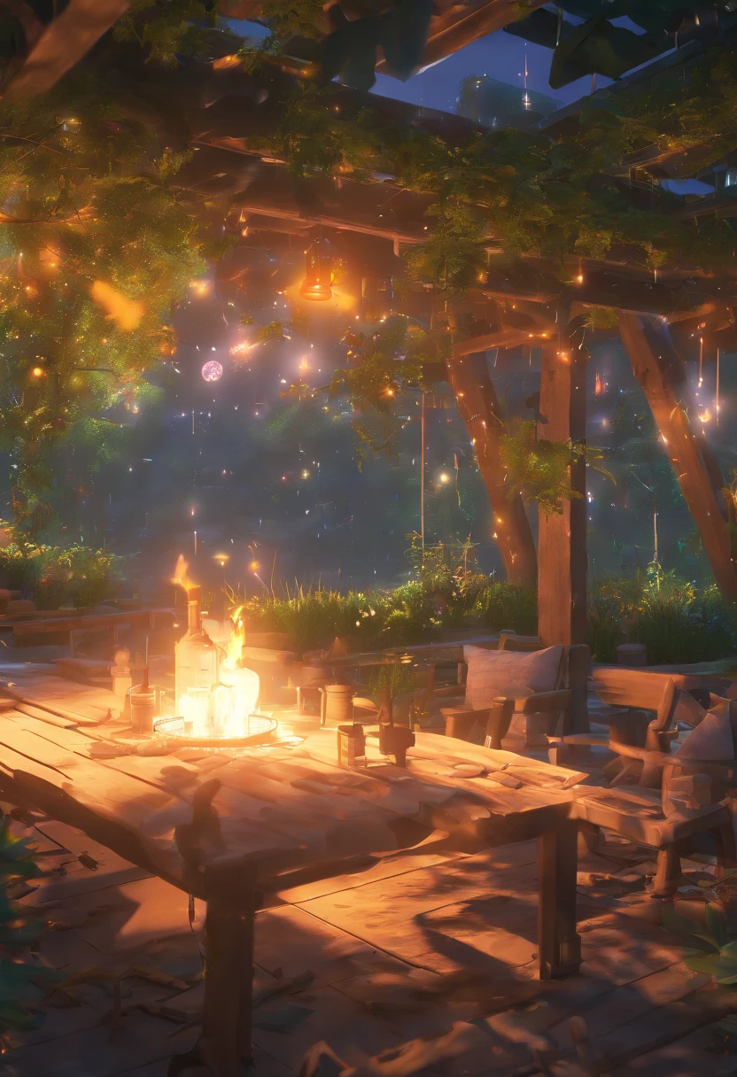 Landscape, 夏天, Noite, Floresta, Bonfire in one place, unmanned, Nobodies, Starry sky, Detalhe HD, ultra detalhe, Film, hiper realismo, luz suave, Foco Profundo Bokeh, ray tracing, hiper realismo. , Pixiv Gwise Art Station, Makoto Shinkai, germe da arte