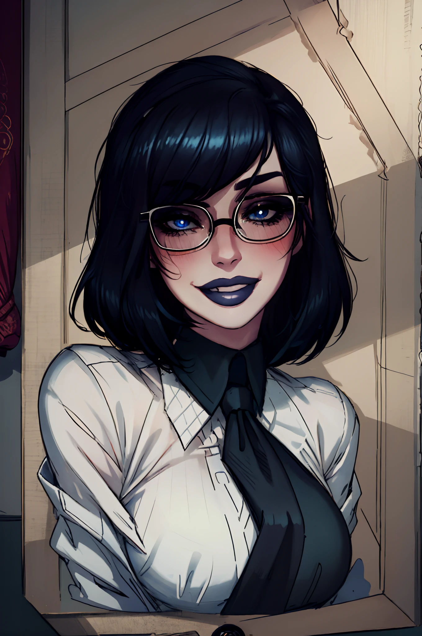 beautiful, (masterpiece:1.2), (best quality:1.2), perfect eyes, perfect face, perfect lighting, 1girl, solo, portrait, cute face, blue and black hair, glasses, blush, pale skin, goth makeup, face portrait, seductive expression, seductive look, smiling, formal shirt