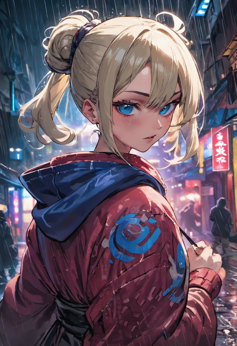 close up photograph, Confident young cyberpunk woman，blonde with blue eyes，Gray hair bun, Wear a hoodie with a red and blue pattern, On the streets soaked with rain at night, Photorealistic, Cinematic lighting，scantily clad，Hanfu，komono，Dirty underworld