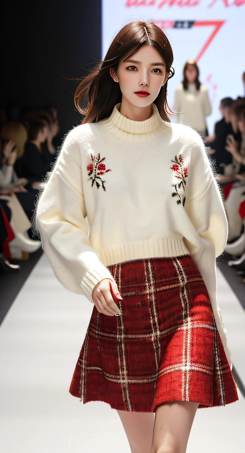 Female model with a national style，Catwalk walk，Wear a white sweater，Red embroidered tweed skirt，The texture of the clothes is very clearly visible，Clear strands of hair