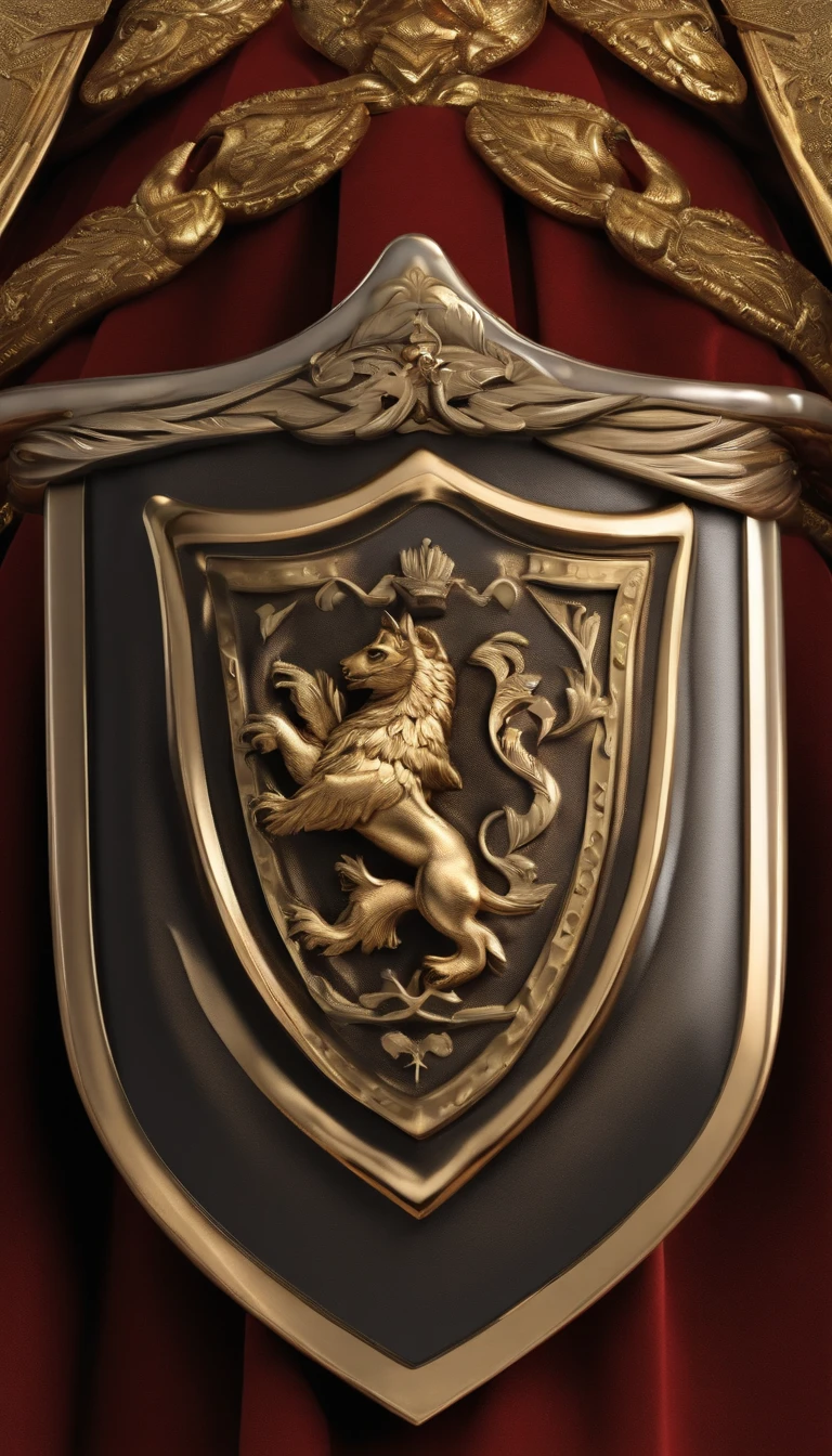 a shield,European shield,well decorated,Close-up at medium range,(Ultra Realistic Photo, super-fine,, the highest picture quality,。.。.3D,C4D, tmasterpiece,