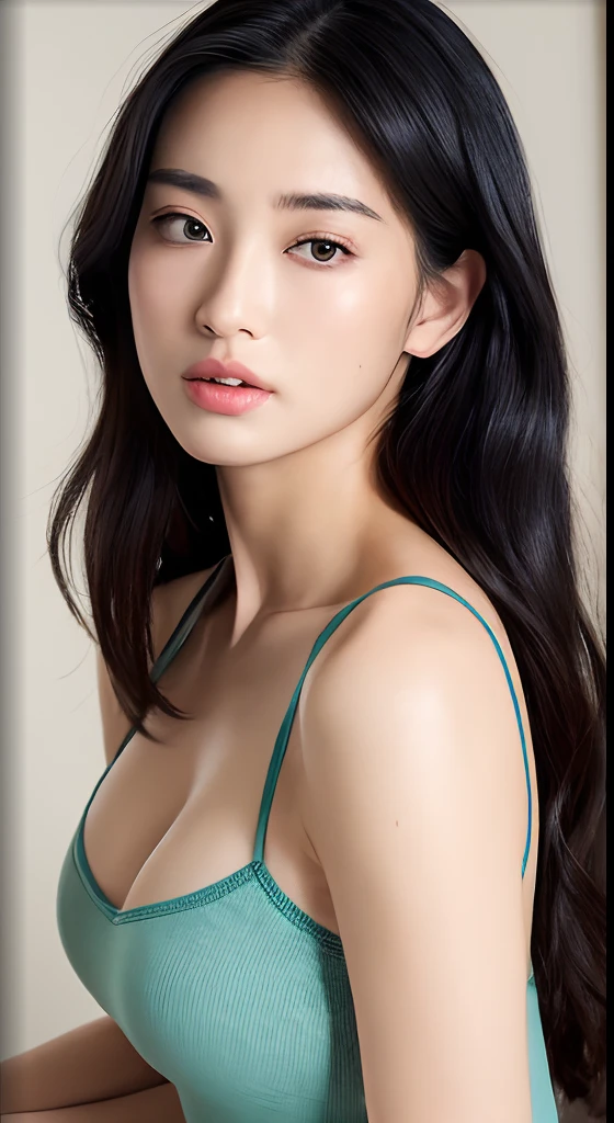 ((top-quality、8k、​masterpiece:1.3))、Rear view、Beautuful Women、1girl in、Beautiful breasts:1.3、Slender abs:1.1、camisole、Butt angle from the background、Long black hair、(While sitting on the bed)、hyperdetailed face、very detailed lips、T back