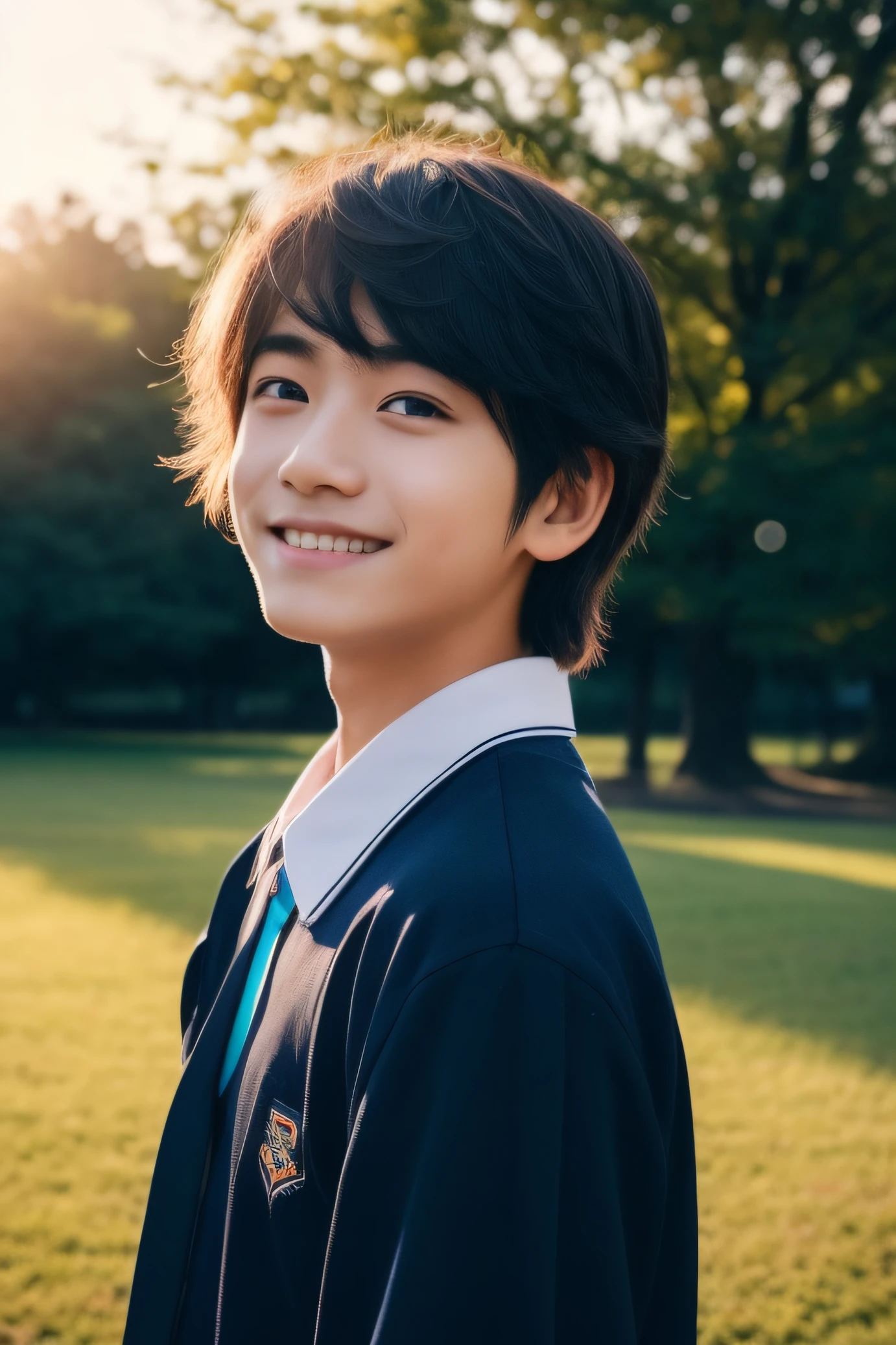 1 boy、校服、A slight smil、Turn around、School route、Schools、Looking into the distance、Full body portrait、(Photorealsitic:1.4)、High school students、Japan Boys、A dark-haired、The upper part of the body、a cool、An ultra-high picture quality、top-quality、masterpiece、18year old、the setting sun、Sunlight