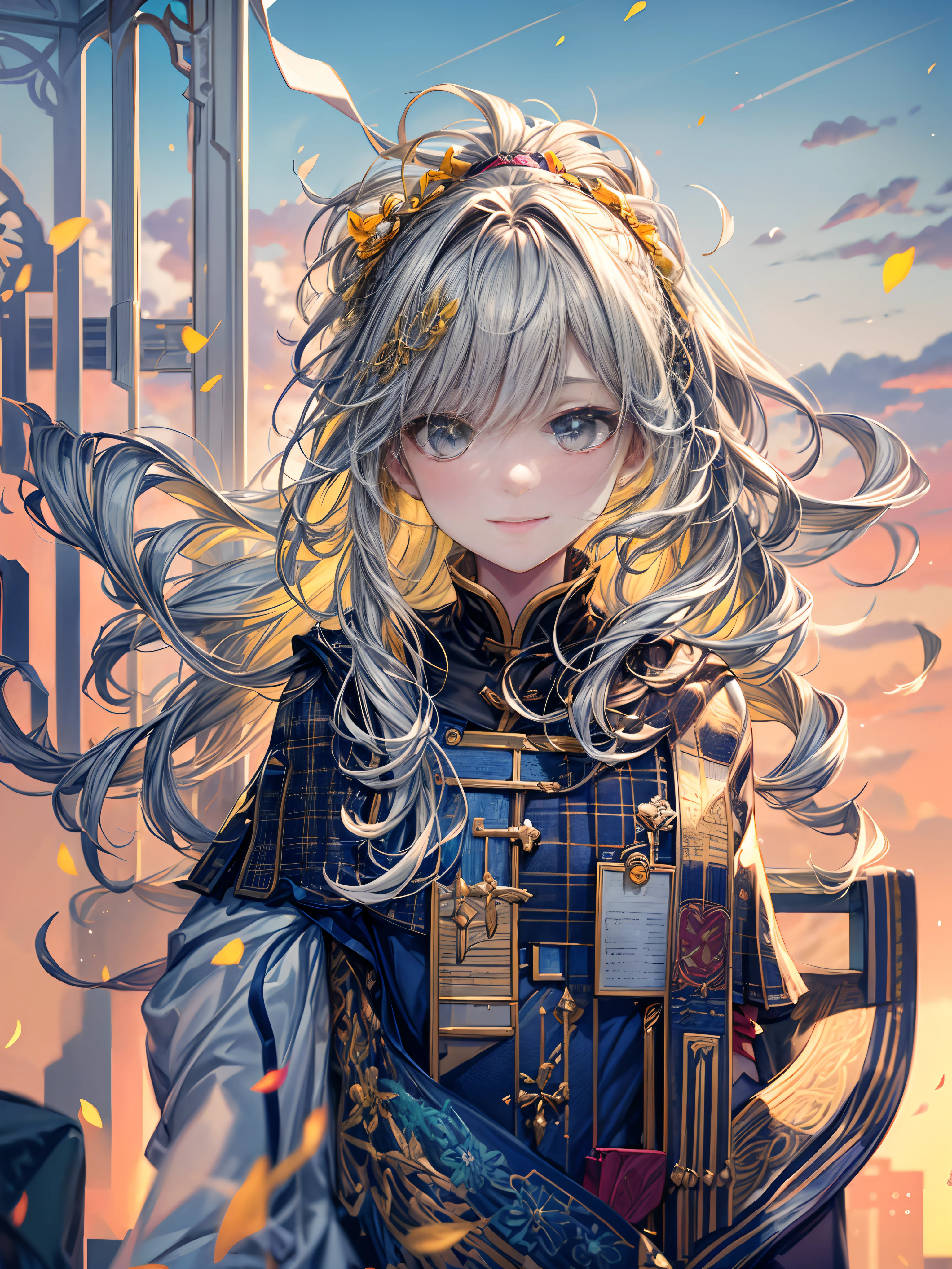 best quality, masterpiece, extremely detailed, detailed background, 1girl, solo, yellow hair, blue eyes, braid, long hair, wavy hair, fluffy hair, ponytail, french braid, blush, smile, capelet, lace trim, bodice, sunset, dusk, scenery, high place, horizon, wind, wind blow, flowerbed, looking at viewer, depth of field, bokeh