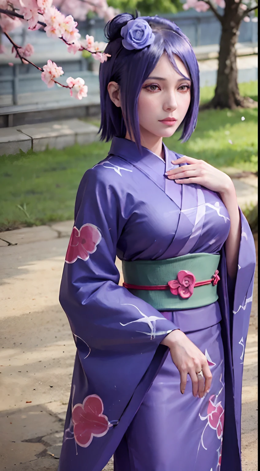 konan \(naruto\), 1girl, solo, (cherry blossoms), shrine, upper body, kimono, nail_polish, sash, obi, ring, hand_on_own_chest, tabi, purple_kimono