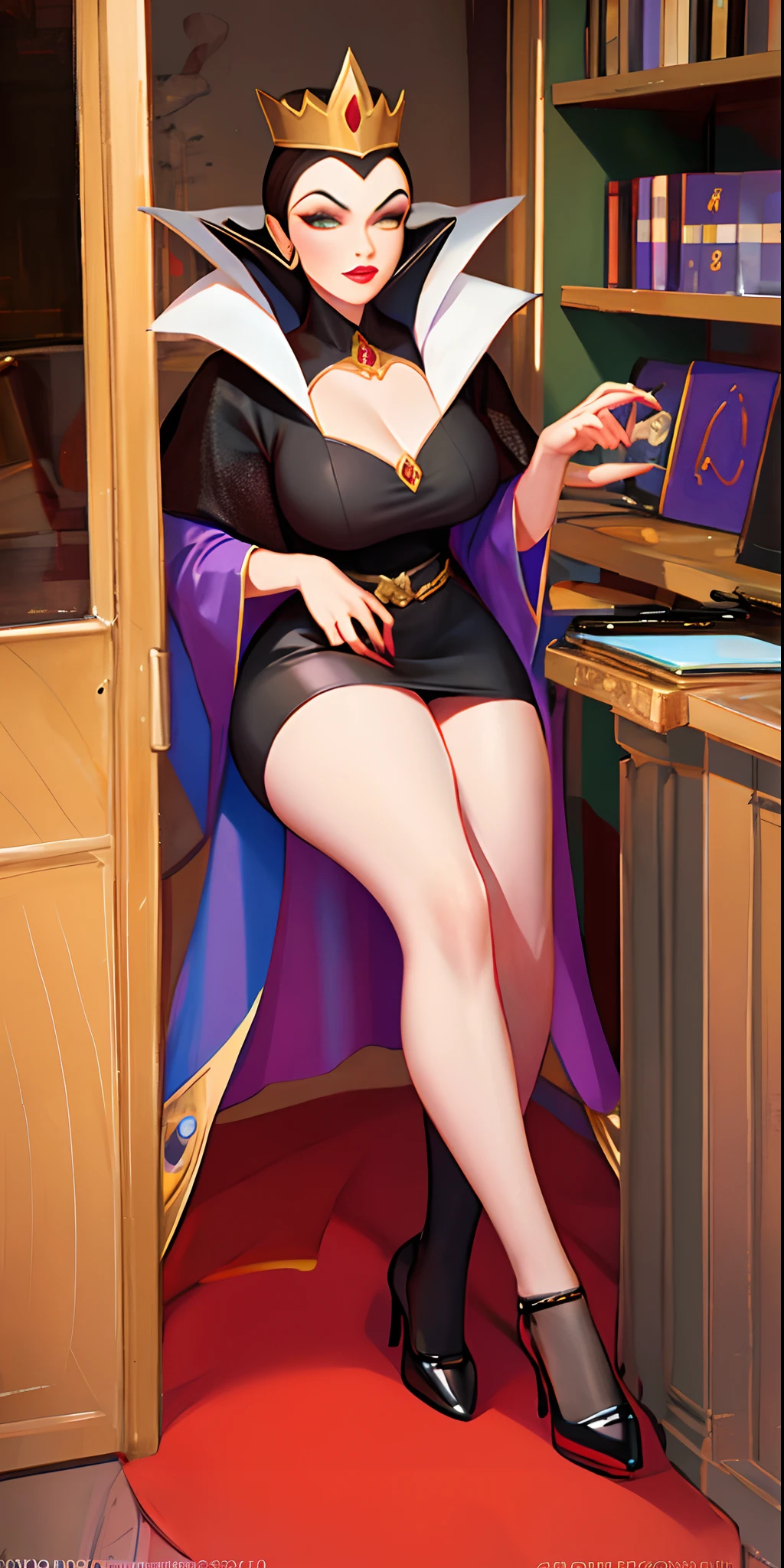 Evil Queen, Wimple, Coif, A classy and sophisticated teacher wearing glasses playfully dresses up as an office lady with a short skirt and black stockings, Masterpiece, best quality,