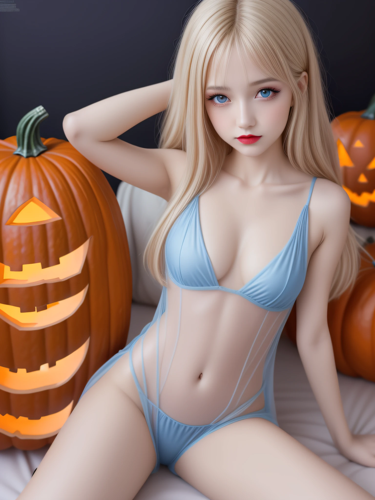 best quality, (highest Quality:1.4), (ultra-detailed), (extremely detailed CG unified 8k wallpaper), (1 young girl), Short in stature, around 18s, extremely beautiful and cute, Shy, blushing, blue eyes, grossy red lip, narrow chin, Protruding collarbone, Protruding ribs, very Slight bosom, flat cheasted, sliver blonde hair, hime cut, Ashen skin, Slender neck, narrow shoulders, Narrow waist, ((See-through sheer halloween costume)), nothing wearing, naked, no clothes, no bra, no panties, shaved public hair, Apubic, hairless public hair, bedroom, from above lying on her back, head on a pillow, spread open legs, ((Halloween decoration, Halloween makeup, Halloween pumpkin)),