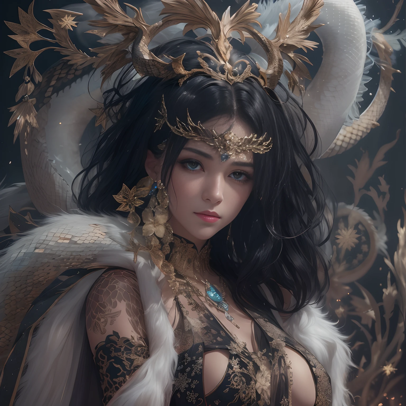 16k(tmasterpiece,K HD | |,hiper HD,16k)long flowing black hair,Quarto de joias no quarto dos fundos,rei moreno ,Dragon Protector (realista:1.4),Python standard costume,Tiara roxo-rosa,Snowflakes fluttering,The background is pure,Keep your head up,Tenha orgulho,As narinas olham para as pessoas, A high resolution, O detalhe, Foto RAW, sharp re, Nikon D850 Film Stock Photo by Jefferies Lee 4 Kodak Portra 400 F1 Camera.6 tiros, cores ricas, Vivid ultra-realistic textures, dramatic lighting, Unreal Trend Engine Art Station, Cinestir 800,Keep your head up,Tenha orgulho,As narinas olham para as pessoas