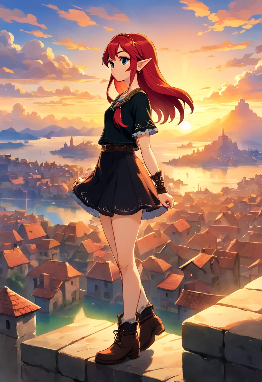 ((best illustration)) Brazilian girl, red hair, age body, black top, black tight skirt, black boot, urban landscape, building, skyline, sunset, silhouette against the clouds, contemplative.