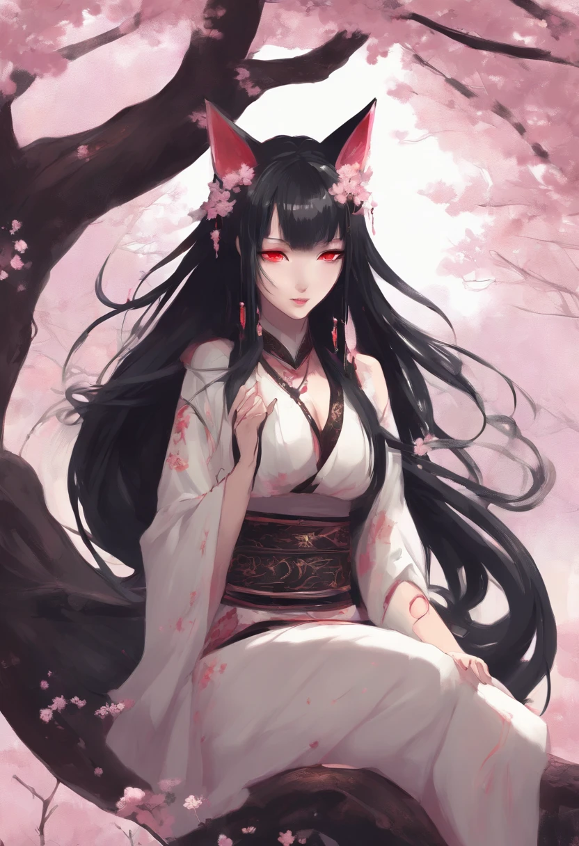 ((Goth Kitsune girl)) with ((Long straight black Hair)) and ((Kitsune Tails)) ((light yellow eyes)) and ((hyper Breasts)) and ((massive waist)), ((full-length portrait)), ((sitting down on a cherry blossom tree doing something sexy)), ((wear massive diaper)) and ((Massive Hourglass Figure))