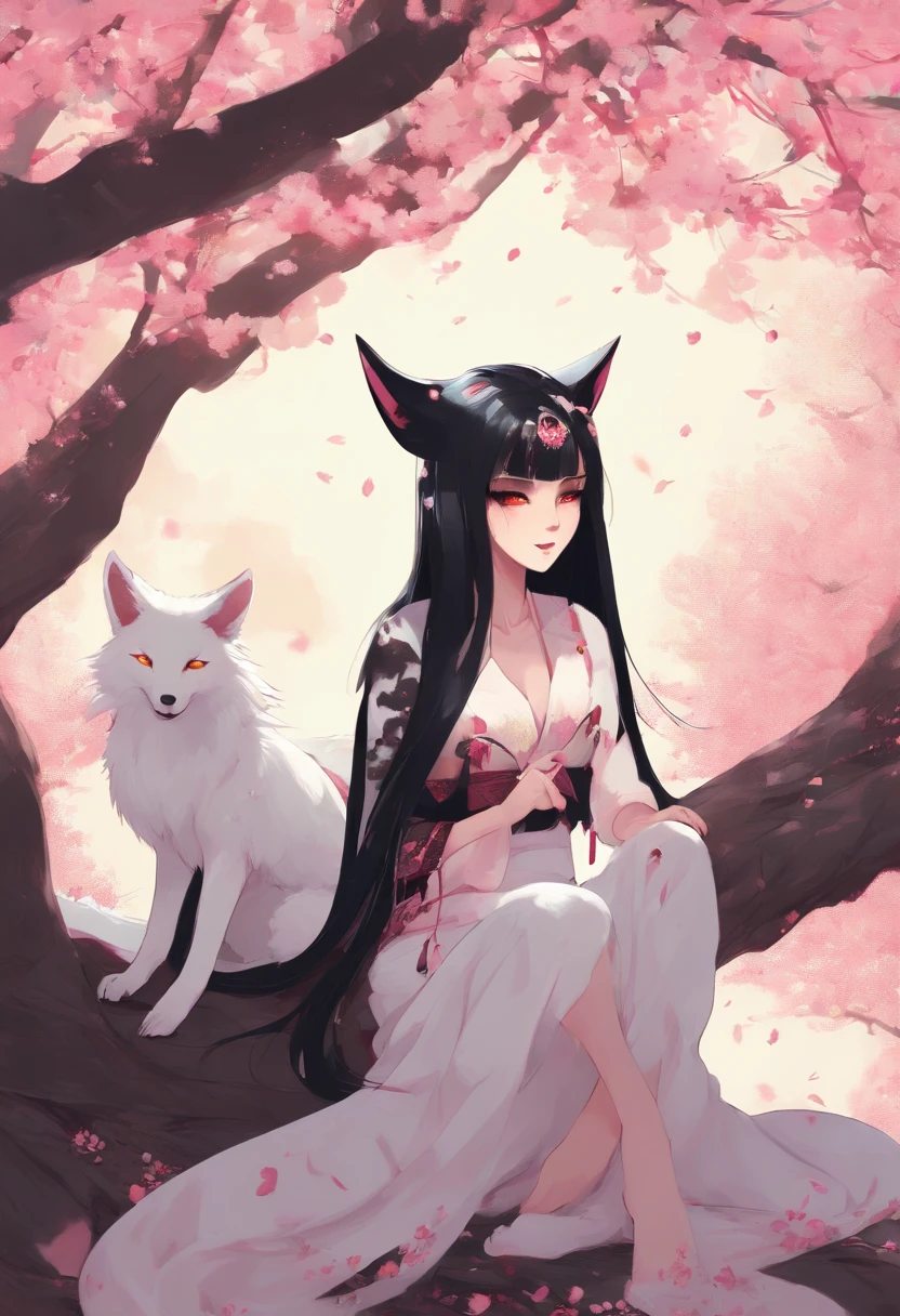 ((Goth Kitsune girl)) with ((Long straight black Hair)) and ((Kitsune Tails)) ((light yellow eyes)) and ((hyper Breasts)) and ((massive waist)), ((full-length portrait)), ((sitting down on a cherry blossom tree doing something sexy)), ((wear massive diaper)) and ((Massive Hourglass Figure))