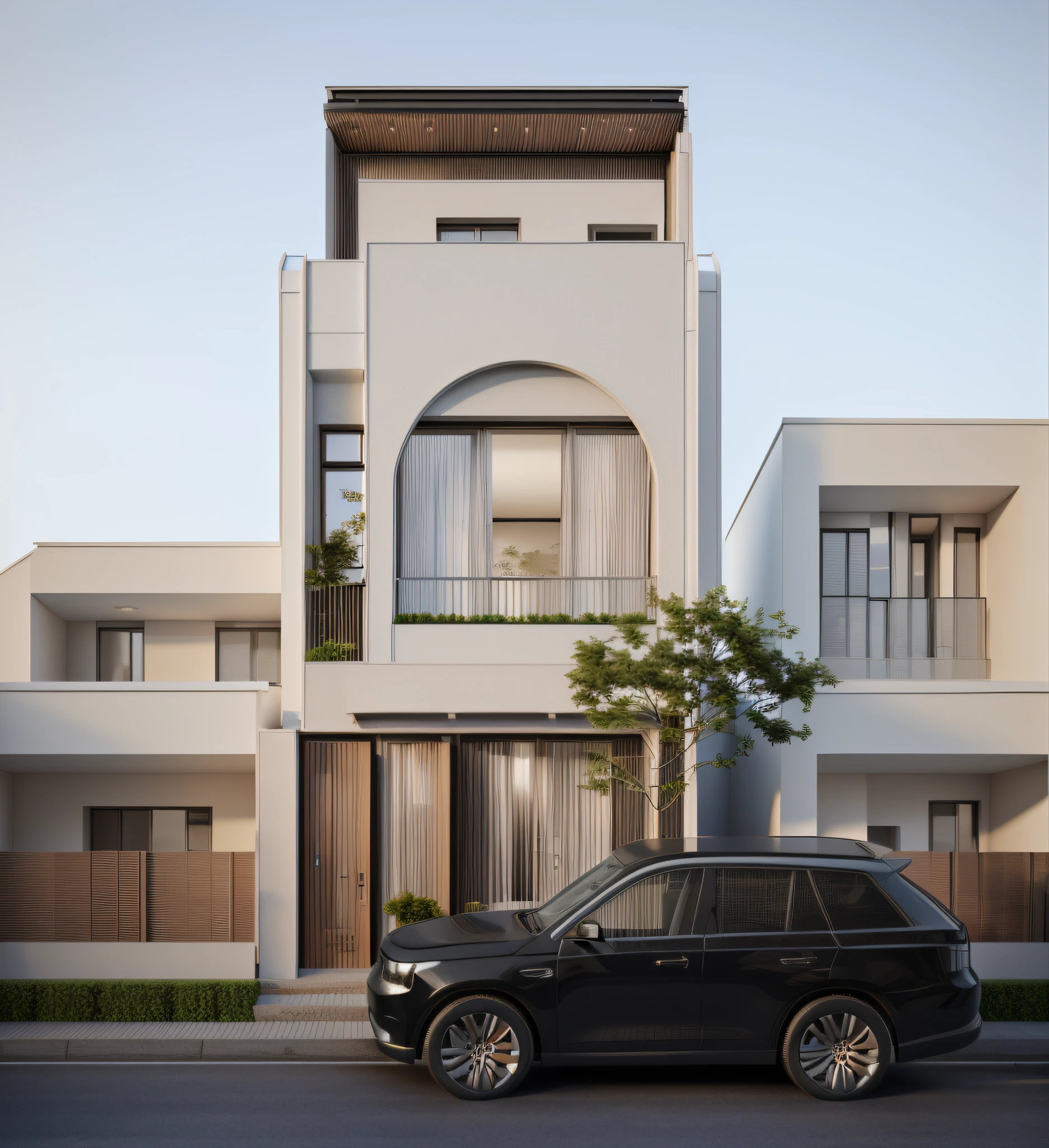 rendering of a modern residential townhouse, professional render, wide angle exterior 2023, highly detailed render, high quality rendering, realistic render, architectural render, high-quality rende r, detailed rendering, hyper-realistic render, hyper-realistic render, very realistic 3d render, high render, realistic rendering, very realistic render