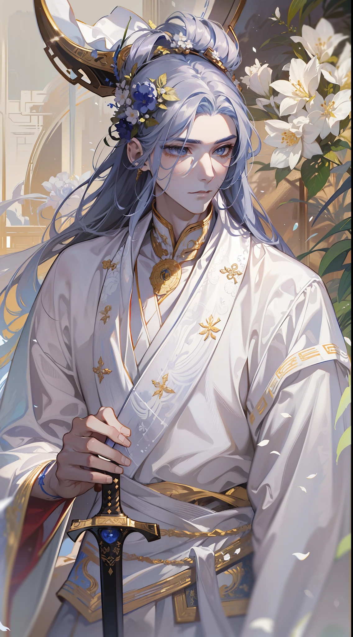 Close-up of a man in a white dress holding a sword，a character portrait by Yang J，The popularity of CGsociety，Fantasyart，Beautiful character painting，Guviz-style artwork，Guvitz，White Hanfu，Flowing white robe，full-body wuxia，epic exquisite  character art，Stunning character art，Cold male assassin