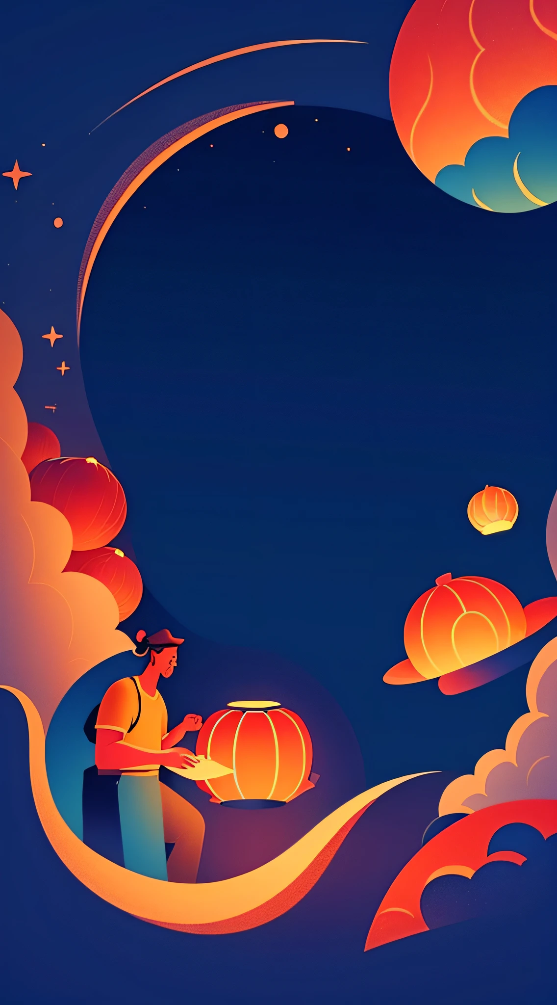 Mid-Autumn Festival,Moon cake, Auspicious clouds, Red lanterns, Exquisite ancient Chinese architecture, In the background is a huge moon, With vector line illustration, amarelo、Red and dark blue tones, Abstract picture, No Man,No Man,No Man,surrealism, Clear background trends, clear contour light, Edge light, fantasy, Dappled light, Flat illustration,Disney style, 8K, --AR 9:16 --q 2 --niji 5