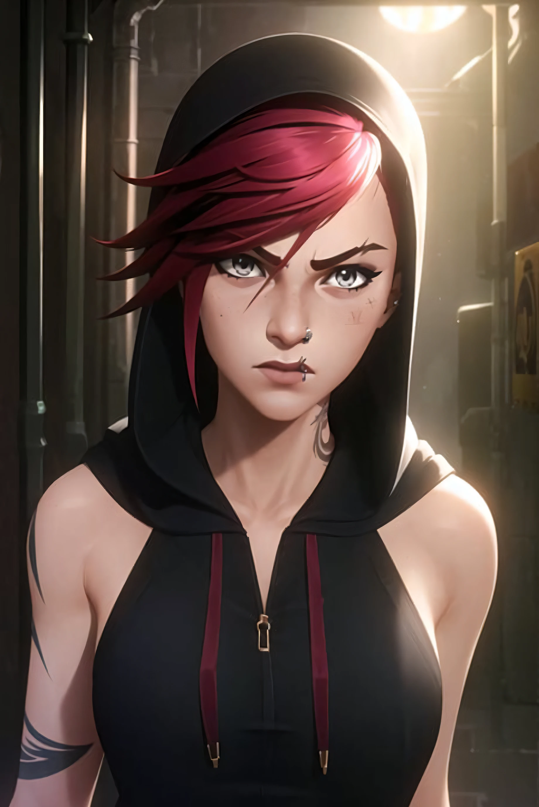 arcane style,

1girl, hoodie, arm tattoo, portrait, asymmetrical bangs, bandaid, short hair, bangs, breasts, freckles, grey eyes, large breasts, looking at viewer, neck tattoo, nose piercing, pink hair, scar, scar on face, solo, tattoo on face, upper body, detailed background, town, alley, dark alley, portrait, hood on head, night, angry, close up, closed mouth, 

, ((masterpiece)), absurdres